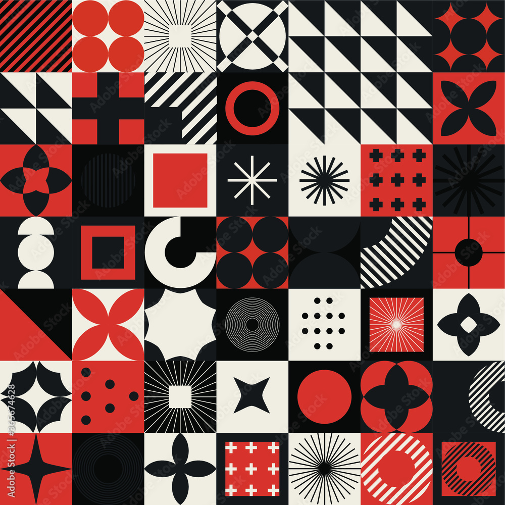 Poster modern geometric pattern with bold simple shapes in bauhaus and neo-memphis retrofuturistic style. t