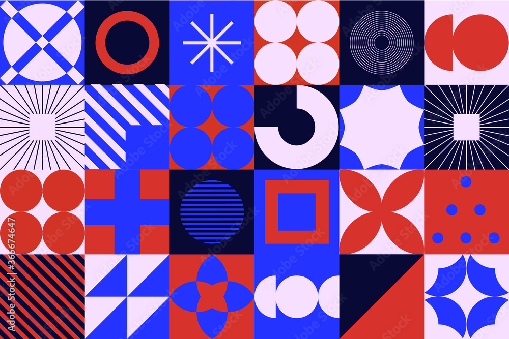 Poster Modern geometric pattern with bold simple shapes in Bauhaus and Neo-memphis retrofuturistic style. Trendy vivid fashion print with minimal composition.