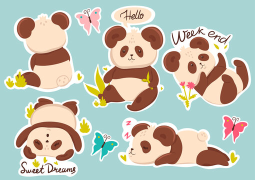 Set of cute pandas stickers with captions. Vector graphics.