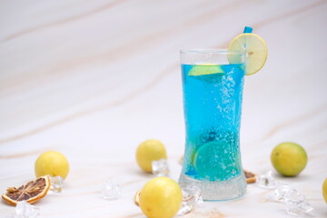 Alcoholic cocktail and non alcoholic cocktail on table. Summer cold drinks with lime, Variety of seasonal cocktails 