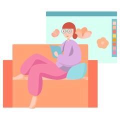 Work from Home colorful illustration. Pinky female character on a sofa. Artist working on an ipad. Flat style illustration.