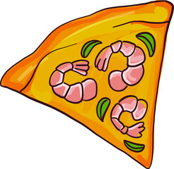 Tasty Slice of Pizza with yellow cheese and pink shrimp