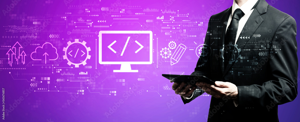 Poster web development concept with businessman using his tablet computer