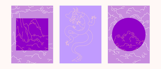 Set of templates in Japanese style. Dragon and clouds texture background, vector illustration.