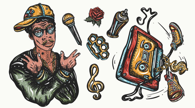 Hip hop music set. Color tattoo collection. African American man rapper in baseball cap and glasses. Audio cassette, break dance. Tattooing musical street ghetto elements