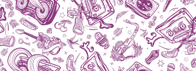 Hip hop and break dance art. Old school retro music. Seamless pattern. Audio cassette dances. Musical street culture. Boom box, vinyl, microphone, saxophone and guitar. Funny background