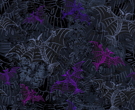 Bats seamless pattern in purple and black colors. Halloween background with fantasy frightful creature with fish tale 