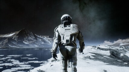 The astronaut is walking on a new unknown snow planet under alien constellations and nebulae. Animation for fantasy, futuristic or space travel backgrounds. 3D Rendering © designprojects