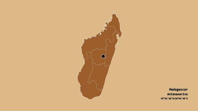 Fianarantsoa, autonomous province of Madagascar, with its capital, localized, outlined and zoomed with informative overlays on a solid patterned map in the Stereographic projection. Animation 3D