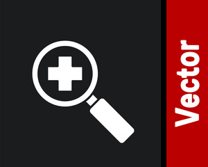 Fototapeta premium White Magnifying glass for search medical icon isolated on black background. Hospital search. Vector Illustration.