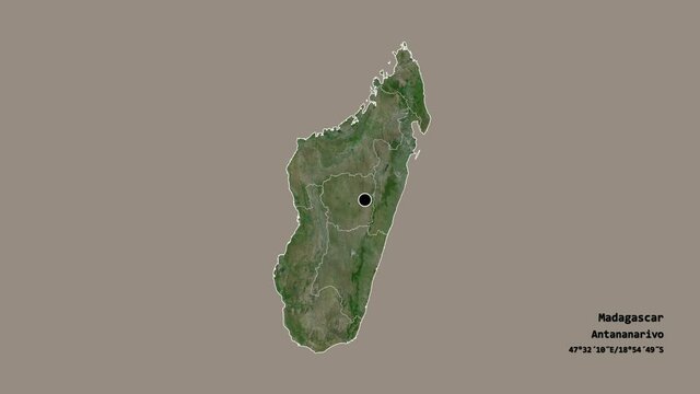 Fianarantsoa, autonomous province of Madagascar, with its capital, localized, outlined and zoomed with informative overlays on a satellite map in the Stereographic projection. Animation 3D