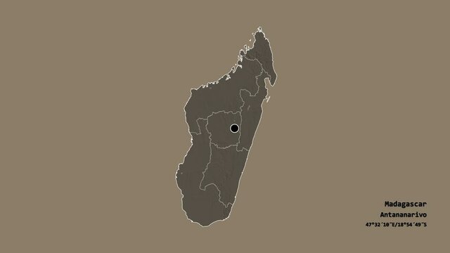 Mahajanga, autonomous province of Madagascar, with its capital, localized, outlined and zoomed with informative overlays on a administrative map in the Stereographic projection. Animation 3D