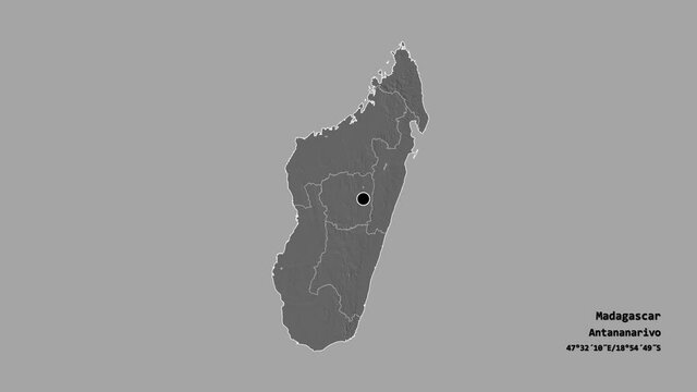 Mahajanga, autonomous province of Madagascar, with its capital, localized, outlined and zoomed with informative overlays on a bilevel map in the Stereographic projection. Animation 3D