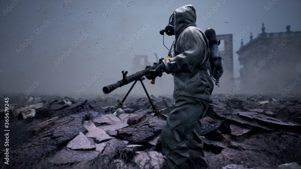 Wall mural A soldier in a gas mask, military protective clothing and a machine gun walks past the ruins and human remains. 3D Rendering