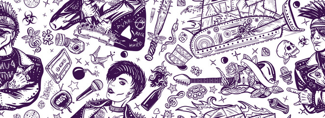 Punk and rock music lifestyle. Seamless pattern. Punker with mohawk, electric guitar, rock woman. Hooligans. Anarchy art. Musical background