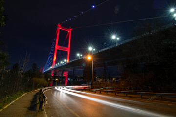 Fototapeta na wymiar Long Exposure Shot of Bosphorus Bridge at Night with light trails