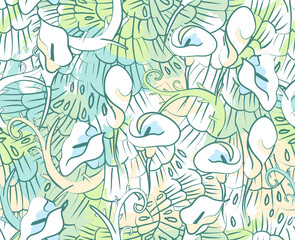 Calla Lily flower seamless pattern in pale colors. Floral feather texture 