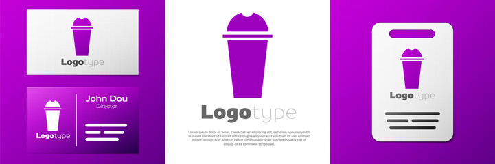 Logotype Milkshake icon isolated on white background. Plastic cup with lid and straw. Logo design template element. Vector Illustration.