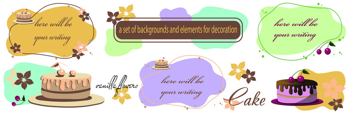 set of backgrounds spots elements lilac turquoise beige background for text with cake vanilla delicate sweet design sign leaflet label ad for dessert menu holiday invitation   isolated on white