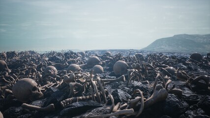 Old human skulls and bones left over from the battle. The concept of war and the Apocalypse. 3D Rendering