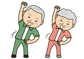 老人01_02（二人で体操で腰を痛めるおじいさんとおばあさん）