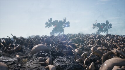 Military mech are walking on a battlefield covered with human bones and skulls. The concept of the future Apocalypse. 3D Rendering - obrazy, fototapety, plakaty