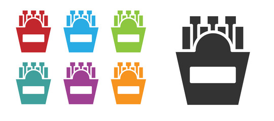 Black Potatoes french fries in carton package box icon isolated on white background. Fast food menu. Set icons colorful. Vector Illustration.