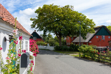 idyllische Dorfstraße mit alten restgedeckten Häusern in Nordby auf der Nordseeinsel Fanø in...