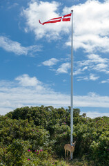 weibliches Reh an einem Fahnenmast mit dem Dannebrog - der d&auml;nischen Nationalflagge - als typisches Symbol f&uuml;r das Urlaubsland D&auml;nemark
