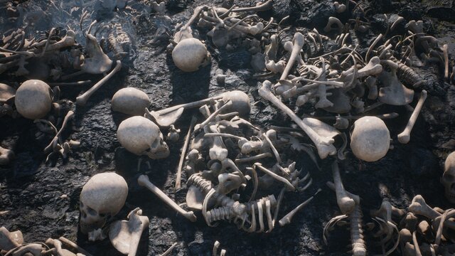 Terrible old skulls and bones on the field of the past battle. The concept of war and the Apocalypse. 3D Rendering