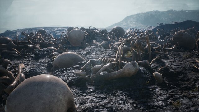Old human skulls and bones left over from the battle. The concept of war and the Apocalypse. 3D Rendering
