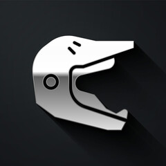 Silver Motocross motorcycle helmet icon isolated on black background. Long shadow style. Vector Illustration.