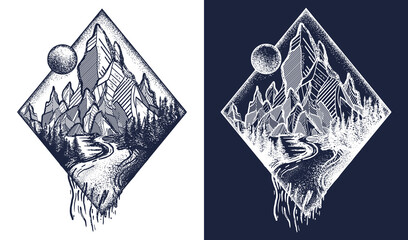 Mountain and river tattoo and t-shirt design. Meditation symbols, travel, tourism. Outdoors and tourism concept. Black and white vector graphics
