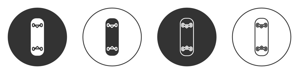 Black Skateboard trick icon isolated on white background. Extreme sport. Sport equipment. Circle button. Vector Illustration.