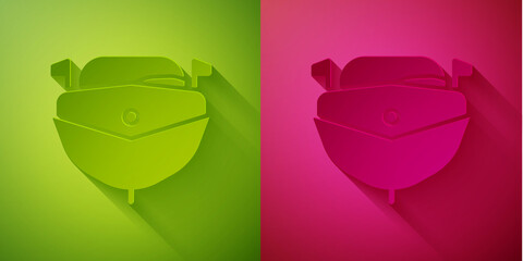 Paper cut Speedboat icon isolated on green and pink background. Paper art style. Vector Illustration.