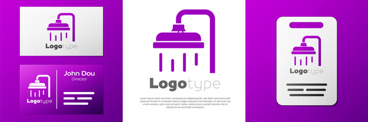 Logotype Shower head with water drops flowing icon isolated on white background. Logo design template element. Vector Illustration.