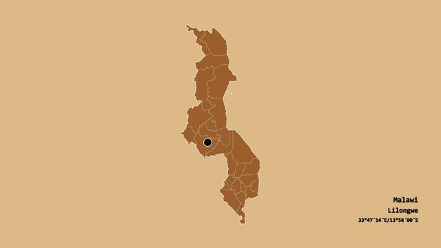 Chitipa, district of Malawi, with its capital, localized, outlined and zoomed with informative overlays on a solid patterned map in the Stereographic projection. Animation 3D