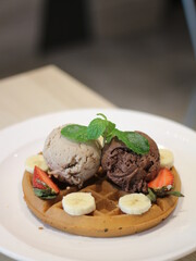 Ice Cream Waffles. Chocolate and Coffee Ice Cream on top of Waffle.