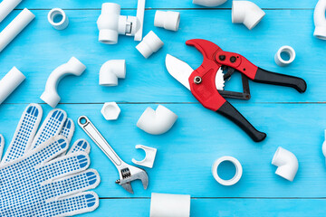 Plastic pipes for the water system, pipe cutting tools, wrench, corners, holders, taps, adapters...