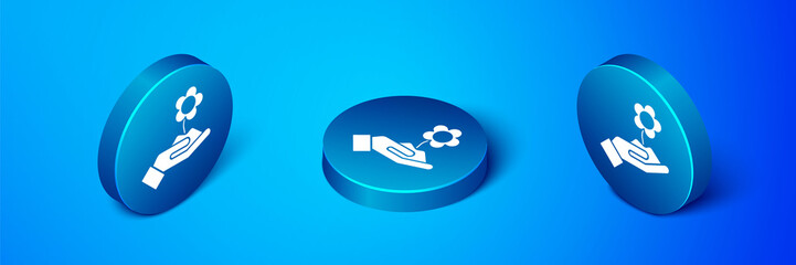 Isometric Hand holding flower icon isolated on blue background. Seed and seedling. Planting sapling. Ecology concept. Blue circle button. Vector Illustration.