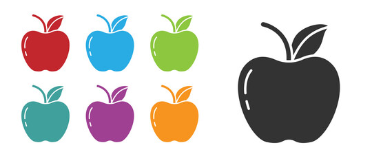 Black Apple icon isolated on white background. Fruit with leaf symbol. Set icons colorful. Vector Illustration.