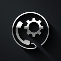 Silver Telephone 24 hours support icon isolated on black background. All-day customer support call-center. Full time call services. Long shadow style. Vector Illustration.