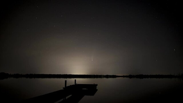 nightscape, night full of stars, Neowise, comet above the river Lech, Bavaria, Germany