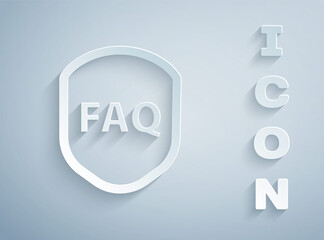 Paper cut Shield with text FAQ information icon isolated on grey background. Guard sign. Security, safety, protection, privacy concept. Paper art style. Vector Illustration.