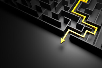 3d rendering: Concept - solving a complex problem. Black maze and floor with yellow solution path...