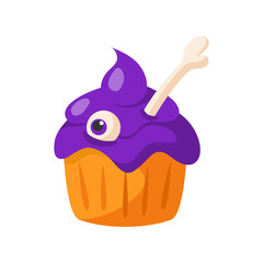 Halloween cartoon scary creepy cake with bone and eye, traditional holiday symbol, single isolated element on white background - vector illustration