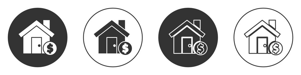 Black House with dollar symbol icon isolated on white background. Home and money. Real estate concept. Circle button. Vector Illustration.