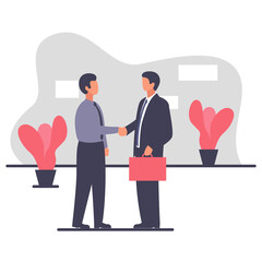 Two buisenessman shaking hands in the office interior. Vector illustration of two men in suits and with a briefcase standing in the cozy office with plants shaking hands and making a deal