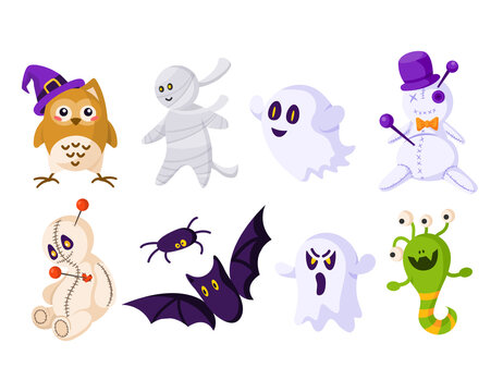 Halloween cartoon set - voodoo doll, scary ghost, mummy, owl in hat, funny monster, spider and bat - traditional holiday symbols isolated on white vector illustration
