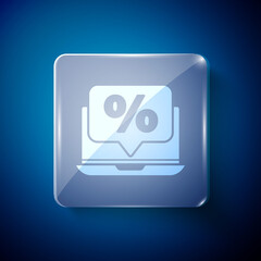 White Percent discount and laptop icon isolated on blue background. Sale percentage - price label, tag. Square glass panels. Vector Illustration.